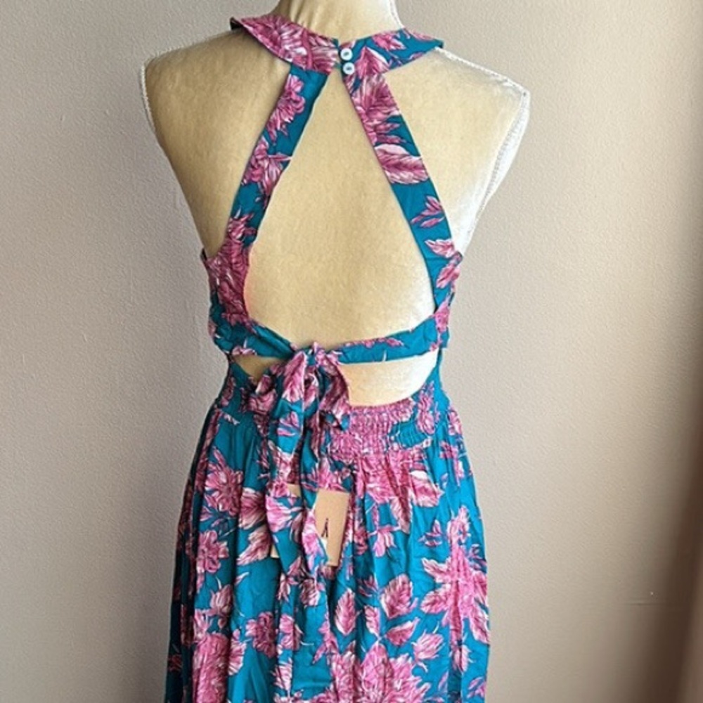 Floral Halter Midi Dress in Teal and Pink - Picture 3 of 3